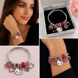 Hello Kitty Charm Bracelet Rhinestone Dangle Charm Bangle Gift Box Included